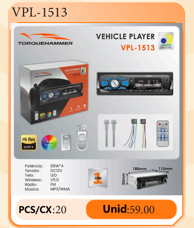 VPL-1513 车载立体声音响播放器 | 65W×4 高功率输出，蓝牙 5.0 免提通话，FM 收音，USB/AUX/TF 多音源输入，LED 显示屏，氛围灯与 APP 智能遥控，ANATEL 认证