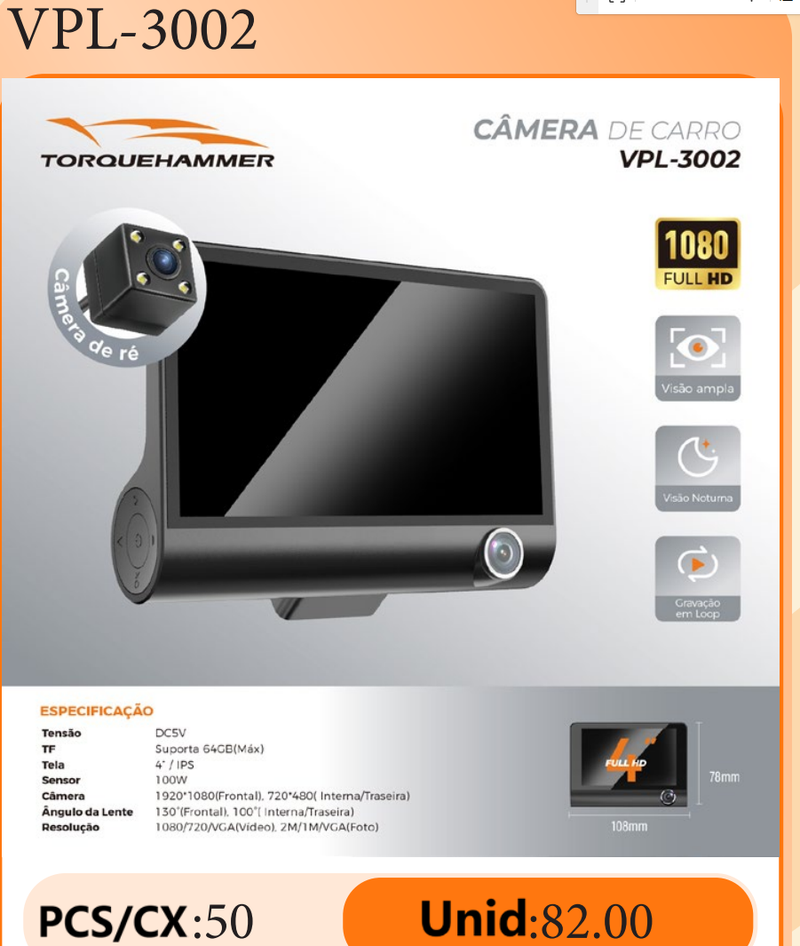 TORQUEHAMMER VPL‑3002 三路全高清行车记录仪 前内后三摄同步录制 4英寸IPS屏 130°广角 夜视功能 循环录像 停车监控 支持64GB TF卡 即插即用 通用所有车型