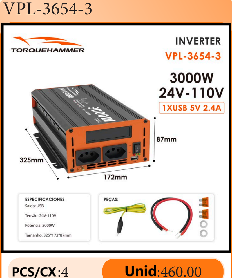 TORQUEHAMMER VPL-3654-3 3000W 大功率车载电源逆变器 24V 转 110V 修正正弦波 双 AC 插座 + USB 充电 峰值 3000W 连续 1500W 卡车/工程机械/房车/家用电器多场景适用