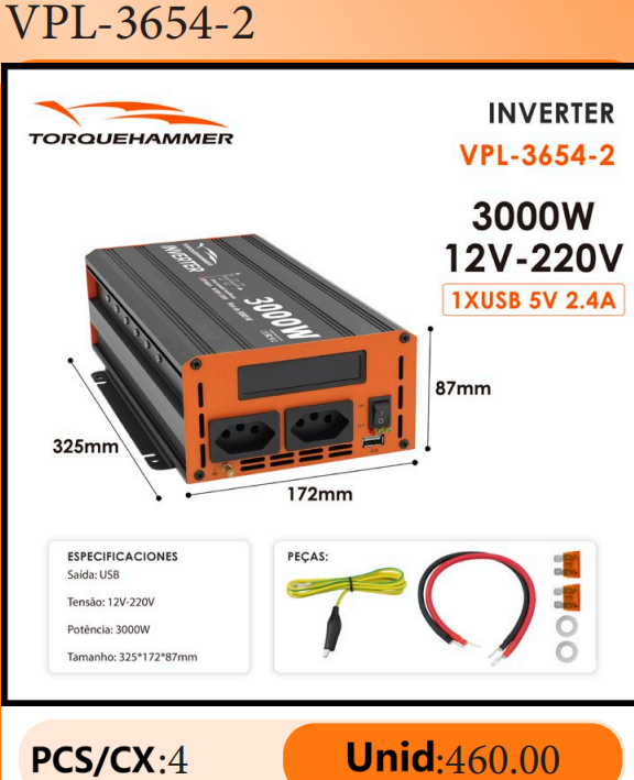 TORQUEHAMMER VPL-3654-2 3000W 大功率车载电源逆变器 12V 转 220V 修正正弦波 双 AC 插座 + USB 充电 峰值 3000W 连续 1500W 家用电器/露营/房车/户外作业多场景适用