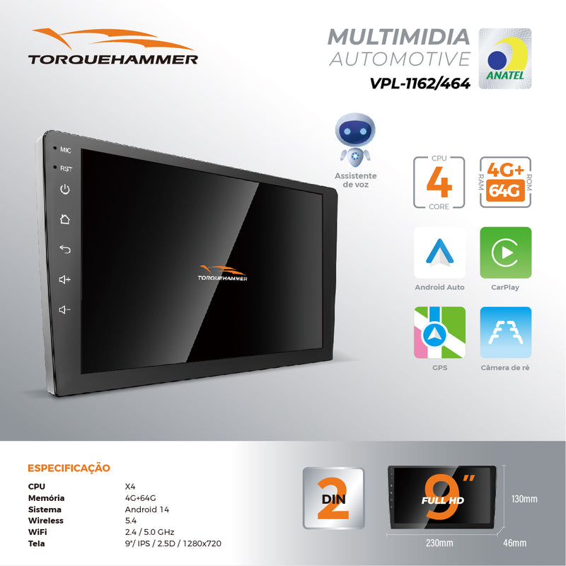 9 英寸 IPS 2.5D 车载多媒体导航一体机 VPL-1162/464 | 4 核 4G+64G，Android 14，无线 CarPlay/Android Auto，GPS 导航，5G WiFi 蓝牙 5.4，AHD 倒车影像，DVR 行车记录