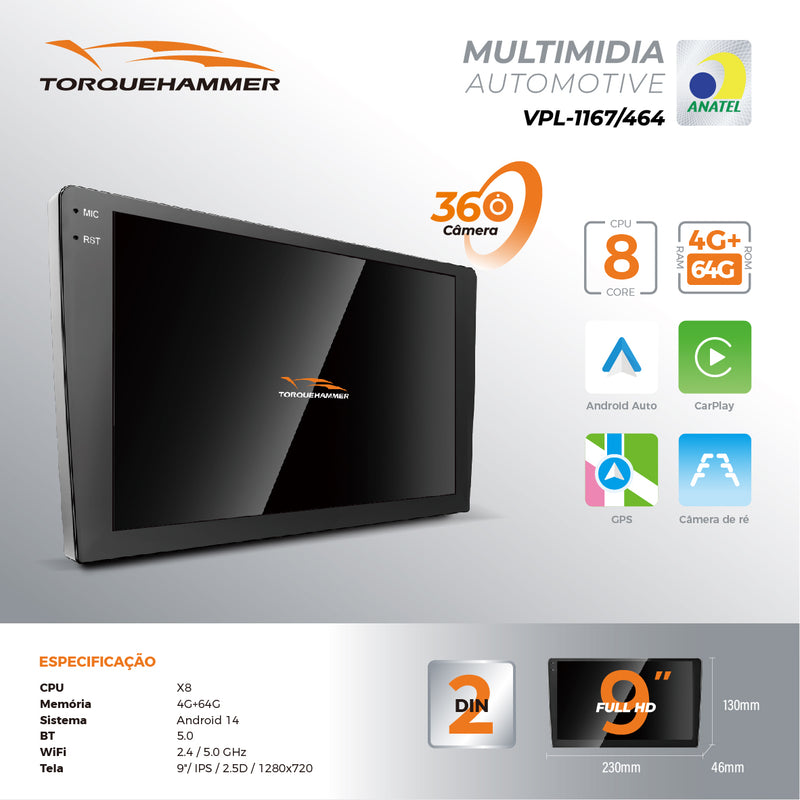 9 英寸 IPS 2.5D 车载多媒体导航一体机 VPL-1167/464 | 八核 4G+64G，Android 14，无线 CarPlay/Android Auto，GPS 导航，5G WiFi 蓝牙 5.0，360° 全景摄像头支持，AHD 倒车影像，DVR 行车记录