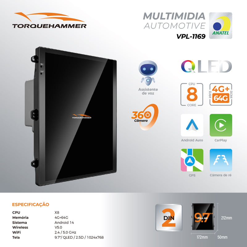 9.7 英寸 QLED 2.5D 车载多媒体导航一体机 VPL-1104 | 4 核 4G+64G，Android 14，无线 CarPlay/Android Auto，GPS 导航，5G WiFi 蓝牙 5.0，MirrorLink 手机镜像，AHD 倒车影像，DVR 行车记录，ANATEL 认证