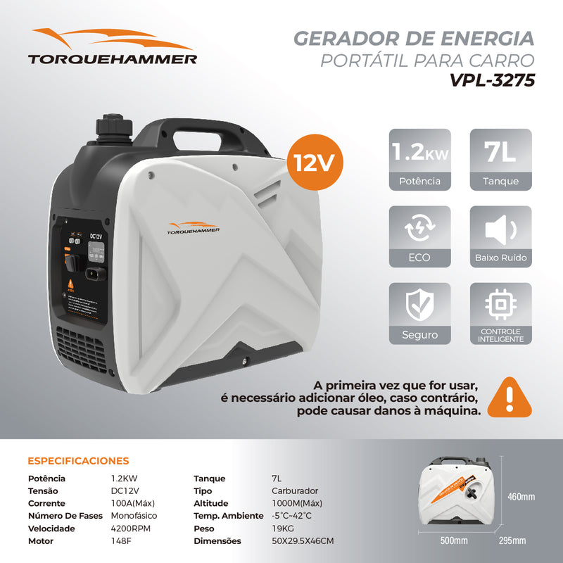 TORQUEHAMMER VPL-3275 1.2kW 12V 直流便携式发电机 7L 大油箱 静音运行 遥控/面板/手动/自动四重启动 安全保护齐全 房车露营/户外作业/应急充电全能伴侣 轻便易携
