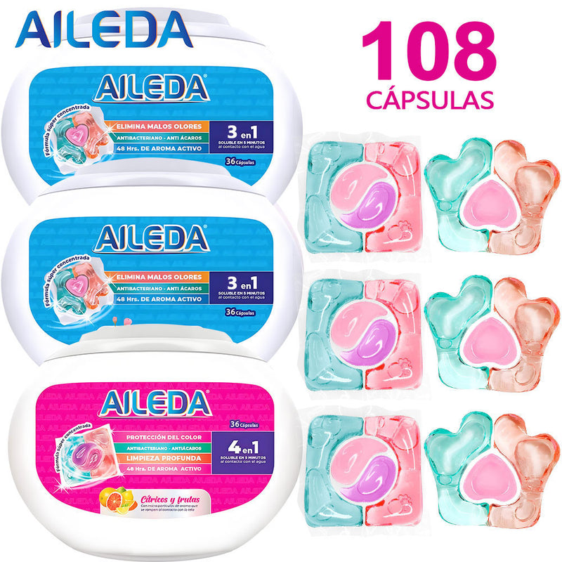 AILEDA 心形三腔洗衣凝珠 3 合 1/4 合 1 多香型浓缩留香洗衣珠 108颗，洗衣凝珠（3款混合）