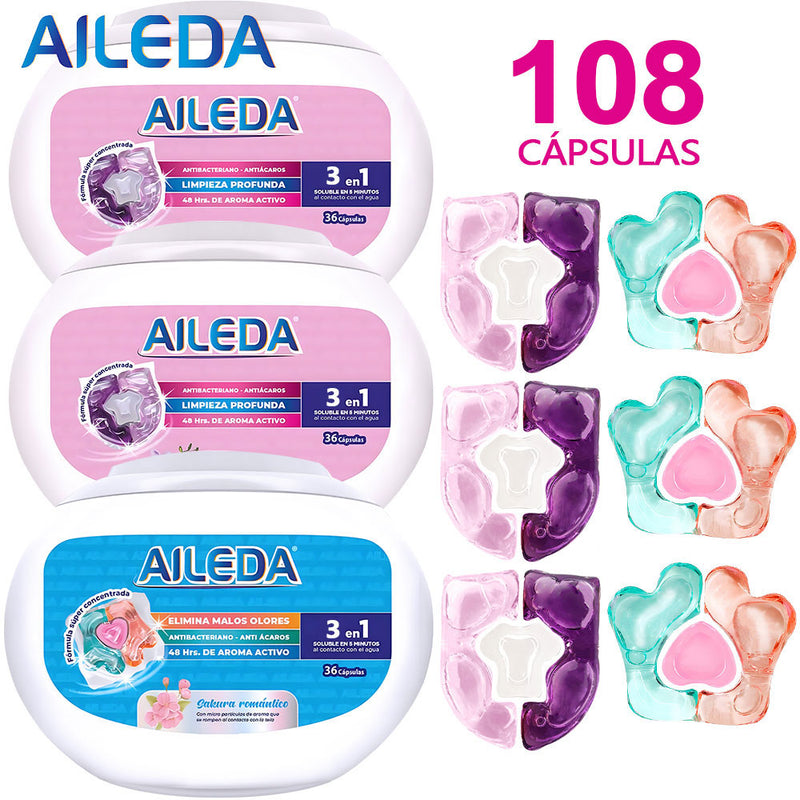 AILEDA 心形三腔洗衣凝珠 3 合 1/4 合 1 多香型浓缩留香洗衣珠 108颗，洗衣凝珠（3款混合）