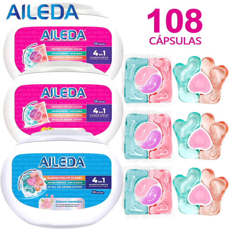 AILEDA 心形三腔洗衣凝珠 3 合 1/4 合 1 多香型浓缩留香洗衣珠 108颗，洗衣凝珠（3款混合）