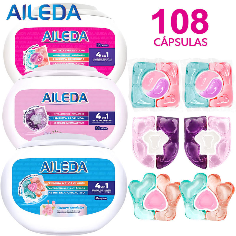 AILEDA 心形三腔洗衣凝珠 3 合 1/4 合 1 多香型浓缩留香洗衣珠 108颗，洗衣凝珠（3款混合）
